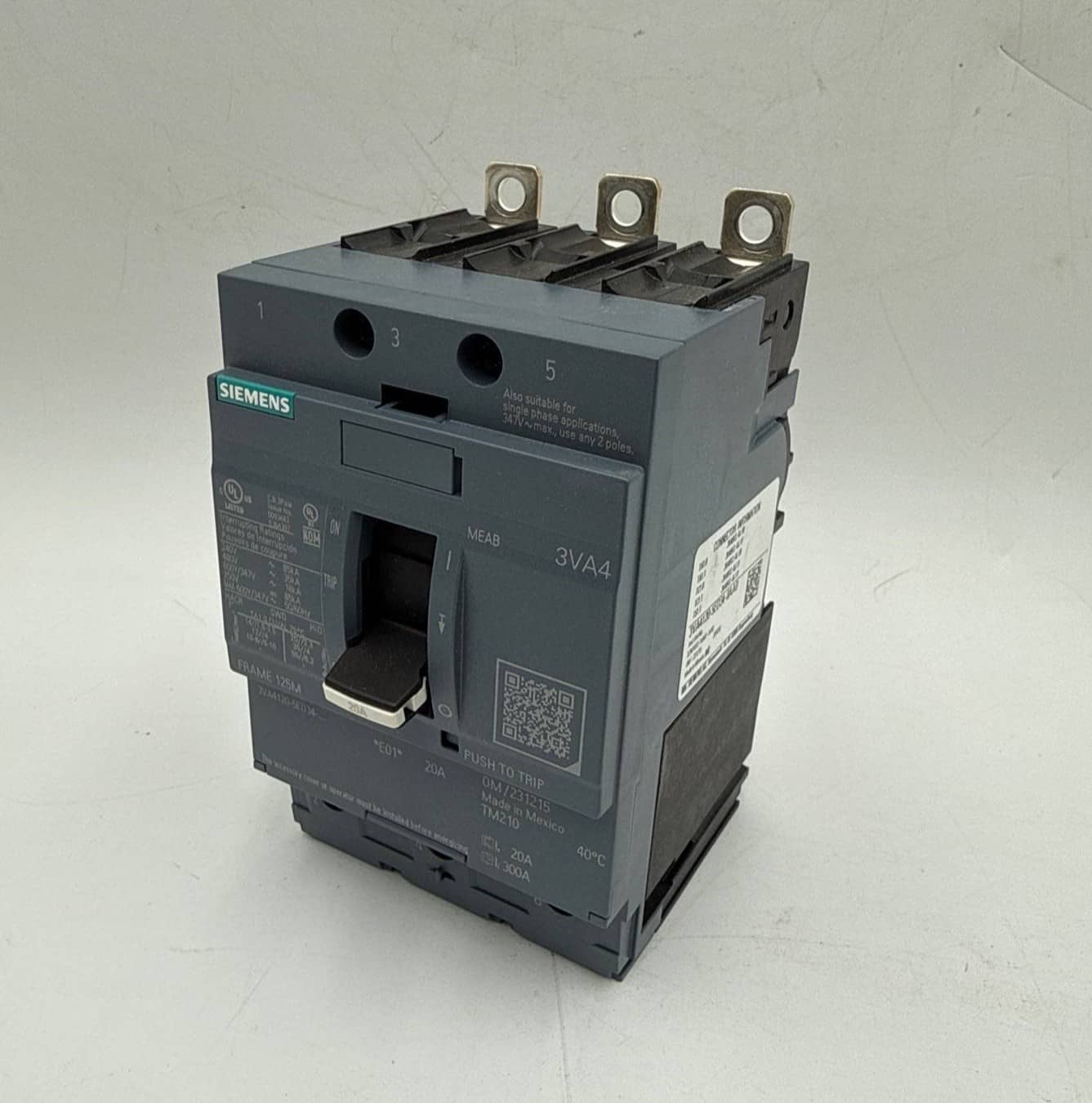 20 Amps, Siemens #3VA4120-5ED34-0AA0, Circuit Breaker, 3-Pole, 600/347 Volts, Bolt-On