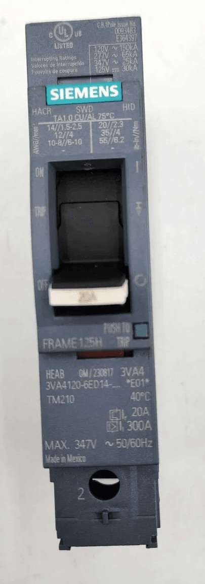 20 Amps, Siemens #3VA4120-6ED14-0AA0, Circuit Breaker, 1-Pole, 347 Volts, NEW
