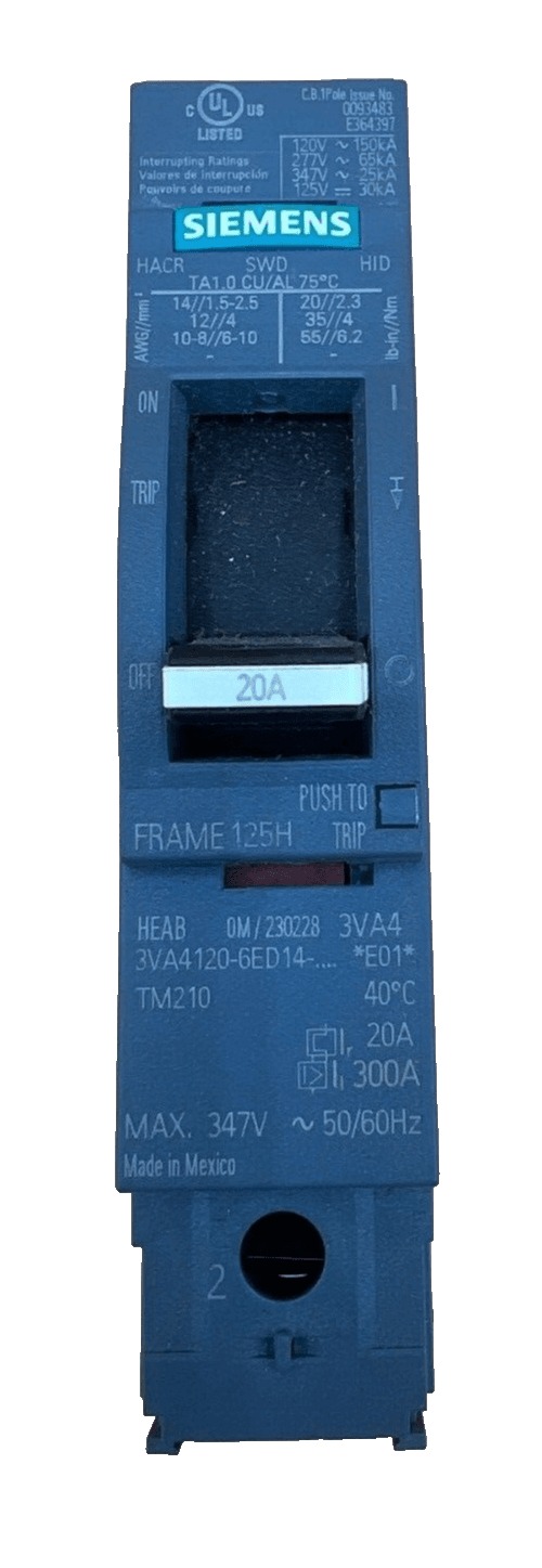 20 Amps, Siemens #3VA4120-6ED14-0AA0, Circuit Breaker, 1-Pole, 347 Volts, Bolt-On