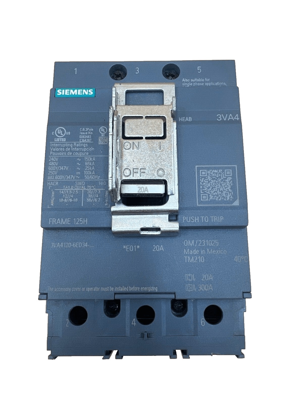 20 Amps, Siemens #3VA4120-6ED34-0AA0, Circuit Breaker, 3-Pole, 600 Volts, Bolt-On