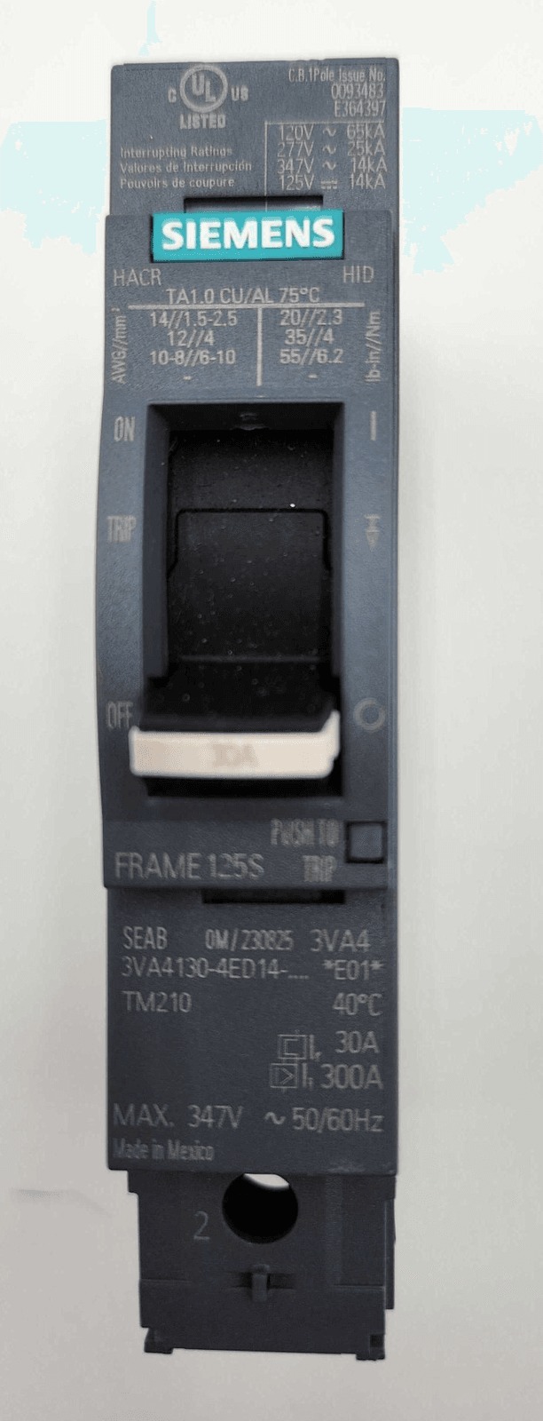 30 Amps, Siemens #3VA4130-4ED14-0AA0, Circuit Breaker, 1-Pole, 277 Volts