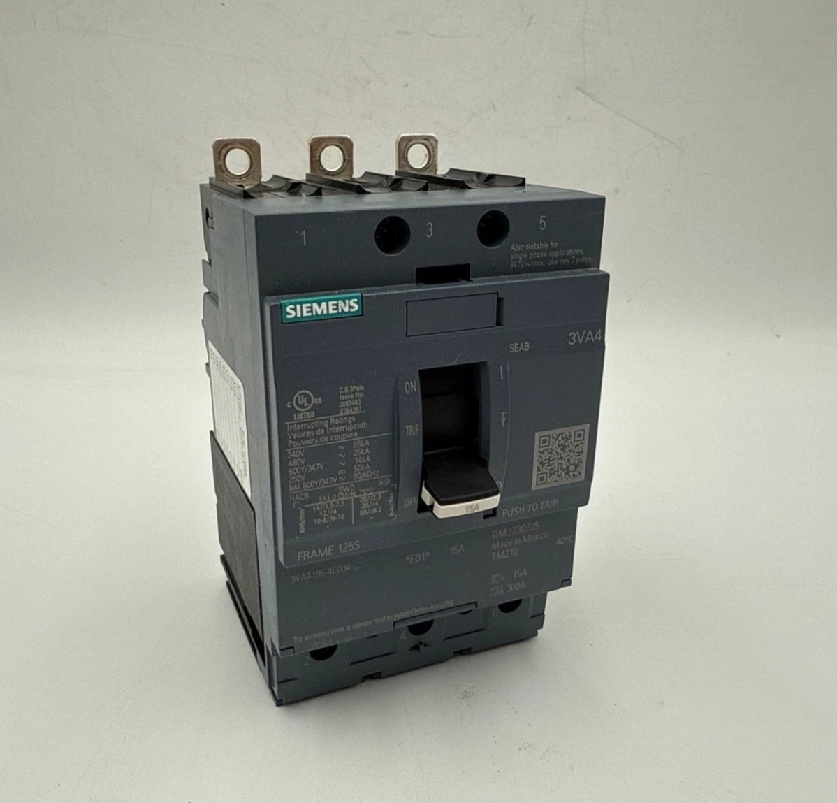 15 Amps, Siemens #3VA4195-4ED34-0AA0, Circuit Breaker, 3-Pole, 600 Volts, NEW