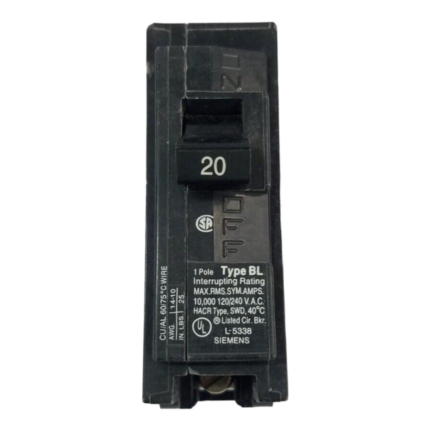 20 Amps, Siemens #B120, Circuit Breaker, 1-Pole, 240 Volts, NEW