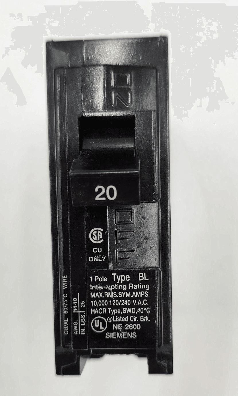 20 Amps, Siemens #B120, Circuit Breaker, 1-Pole, 240 Volts