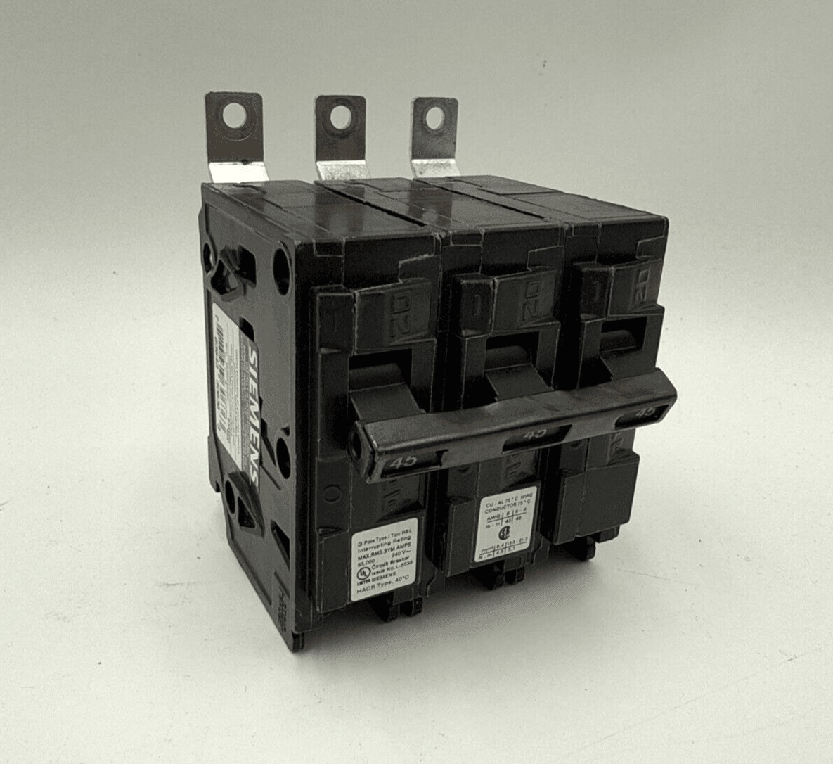 45 Amps, Siemens #B345HH, Circuit Breaker, 3-Pole, 240 Volts, 65kA, Bolt-On