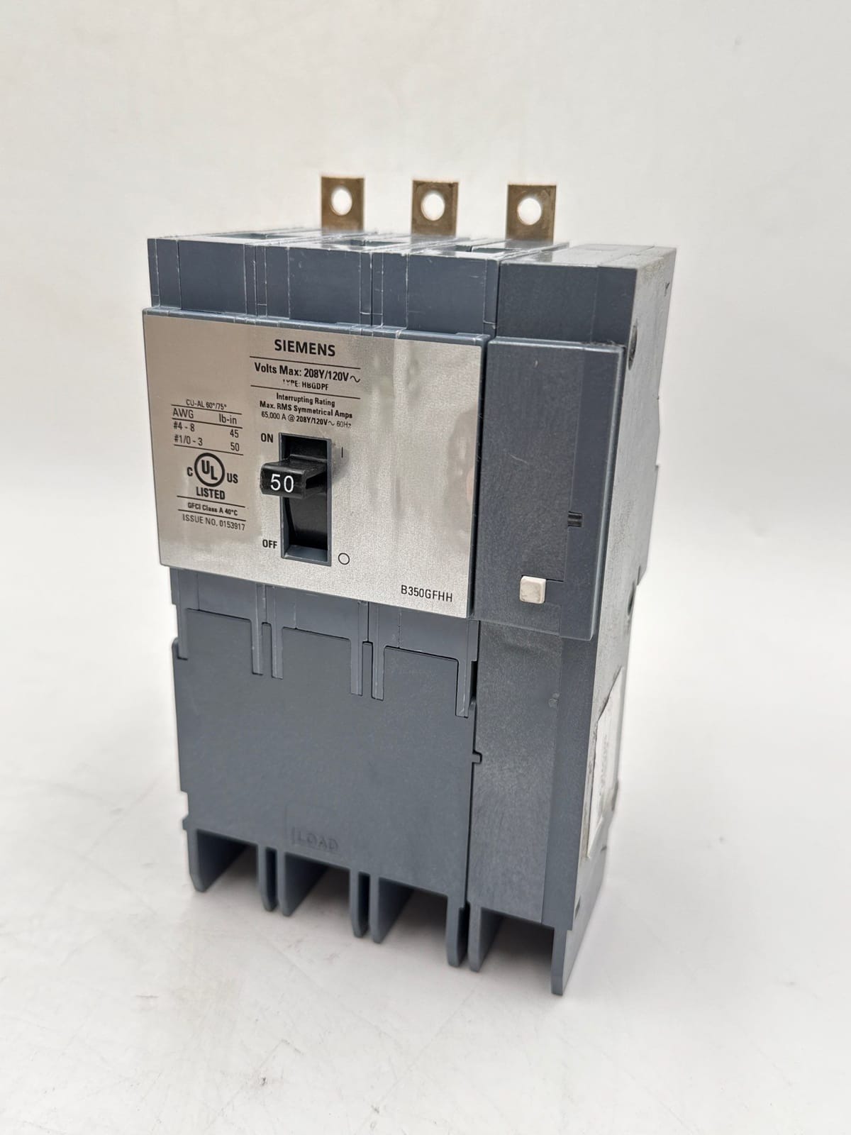 50 Amps, Siemens #B350GFHH, Circuit Breaker, 3-Pole, 208/120 Volts, 65kA, Bolt-On, NEW