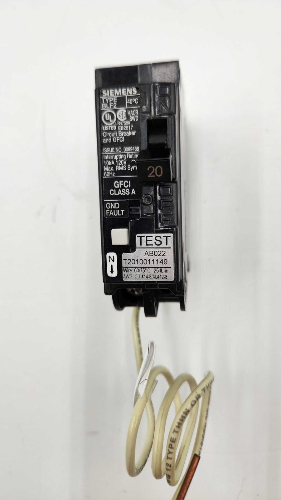 20 Amps, Siemens #BF120A, Circuit Breaker, 1-Pole, 120 Volts