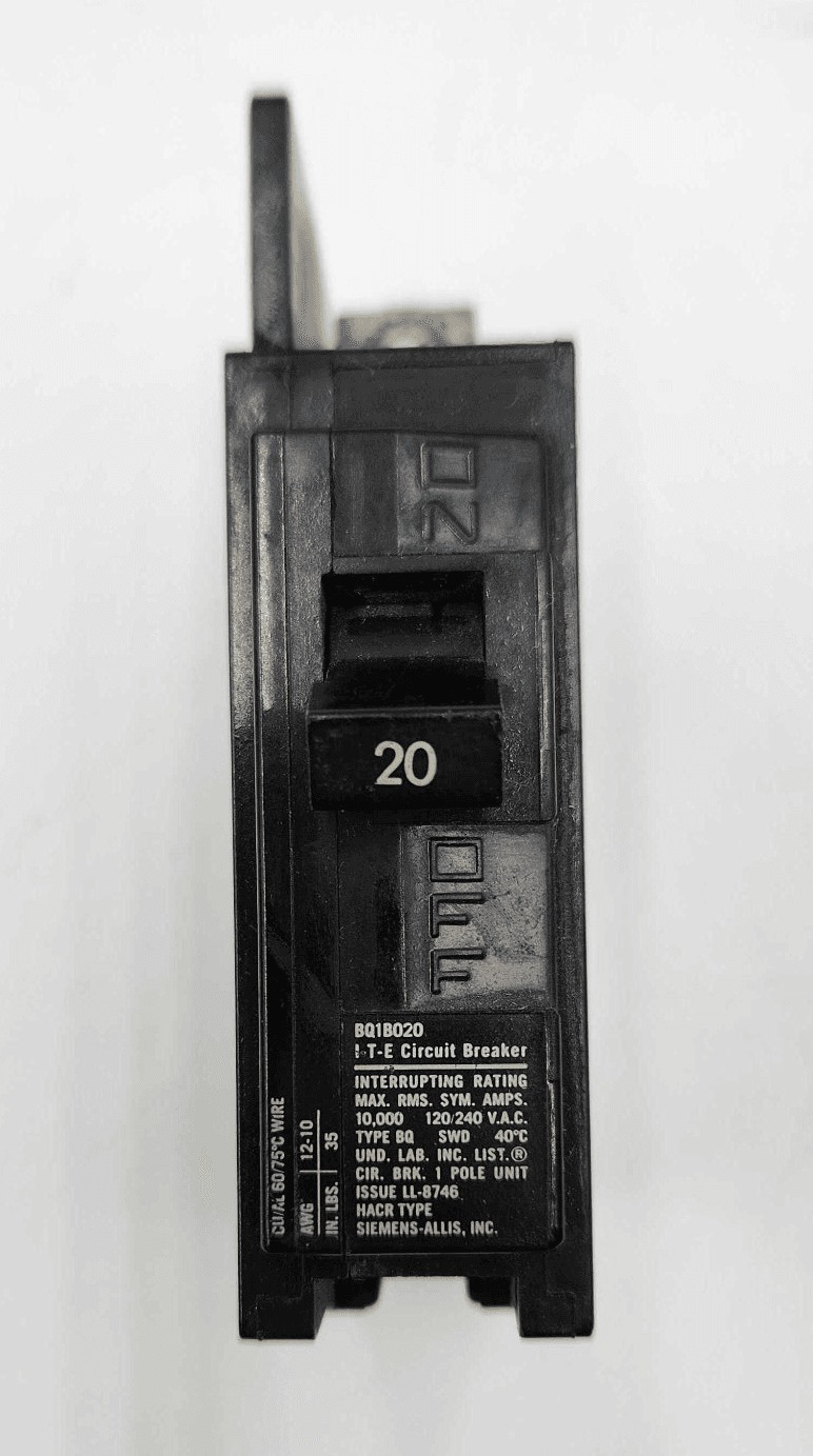 20 Amps, Siemens #BQ1B020, Circuit Breaker, 1-Pole, 240 Volts