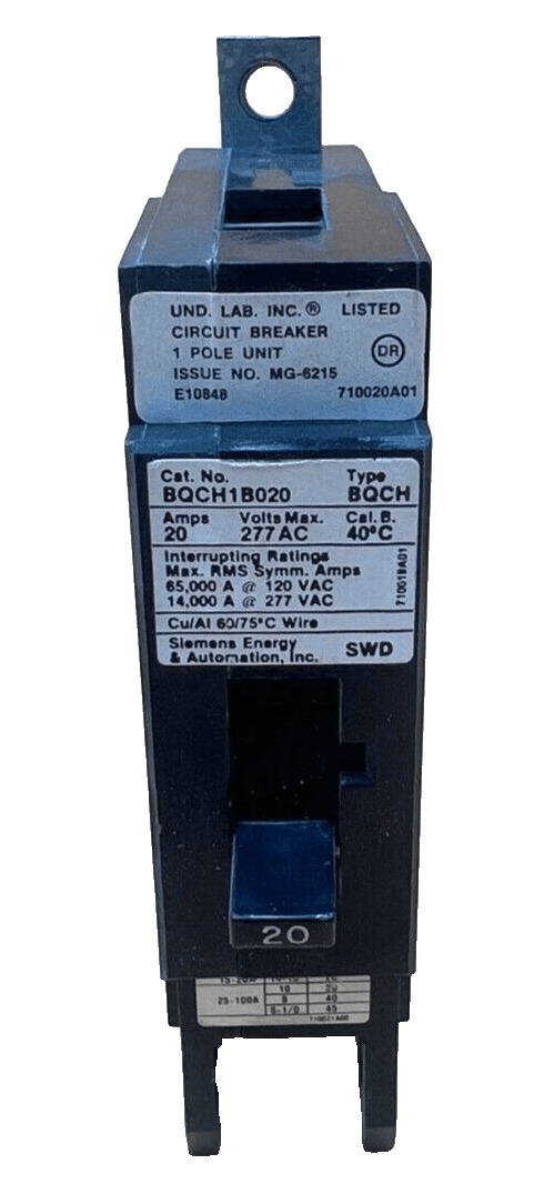 20 Amps, Siemens #BQCH1B020, Circuit Breaker, 1-Pole, 277 Volts, Bolt-On