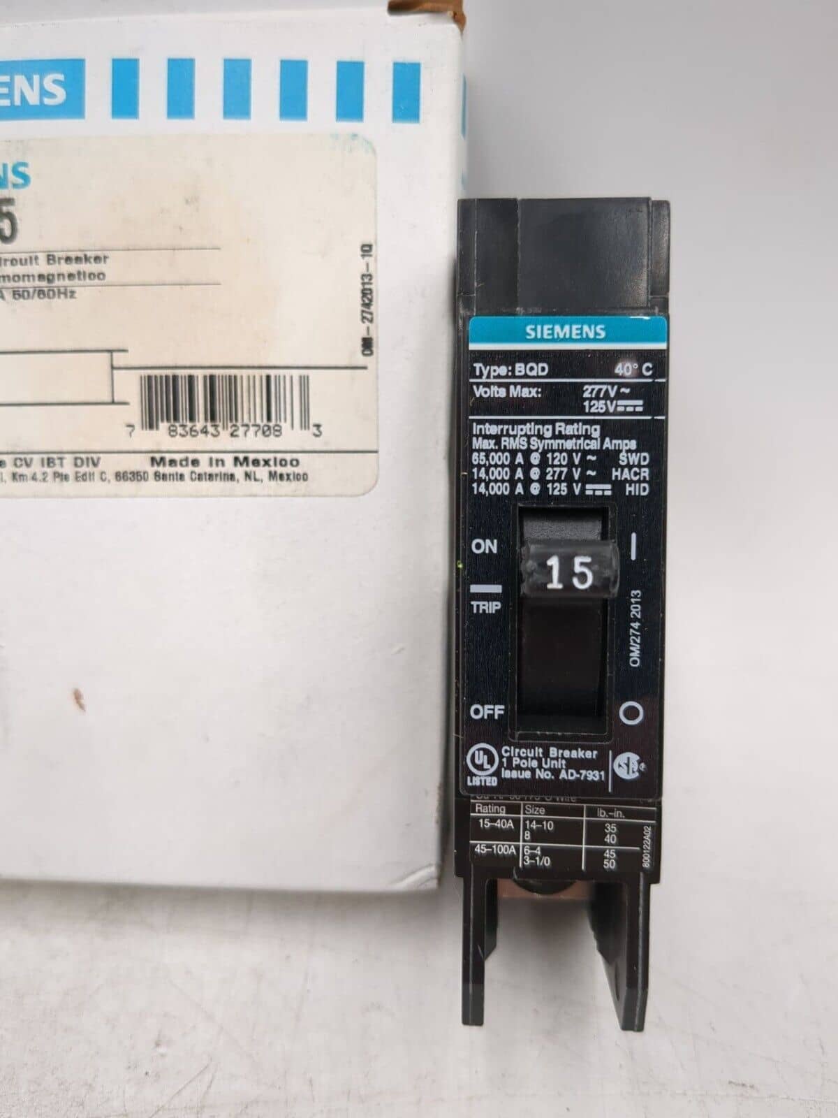 15 Amps, Siemens #BQD115, Circuit Breaker, 1-Pole, 277 Volts, Bolt-On, NEW
