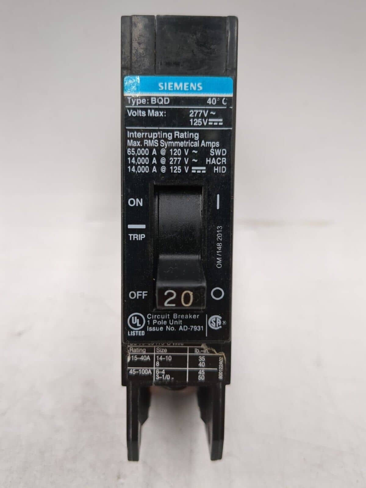 20 Amps, Siemens #BQD120BP, Circuit Breaker, 1-Pole, 277 Volts, Bolt-On