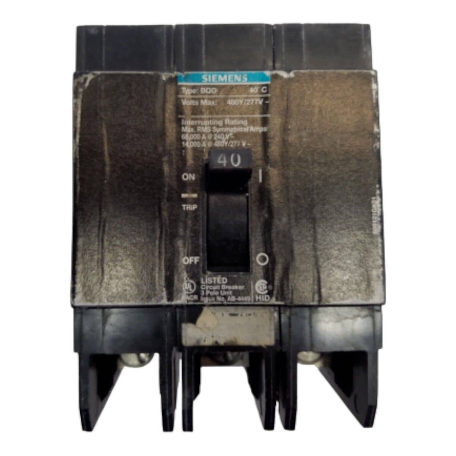 40 Amps, Siemens #BQD340, Circuit Breaker, 3-Pole, 480 Volts, Bolt-On