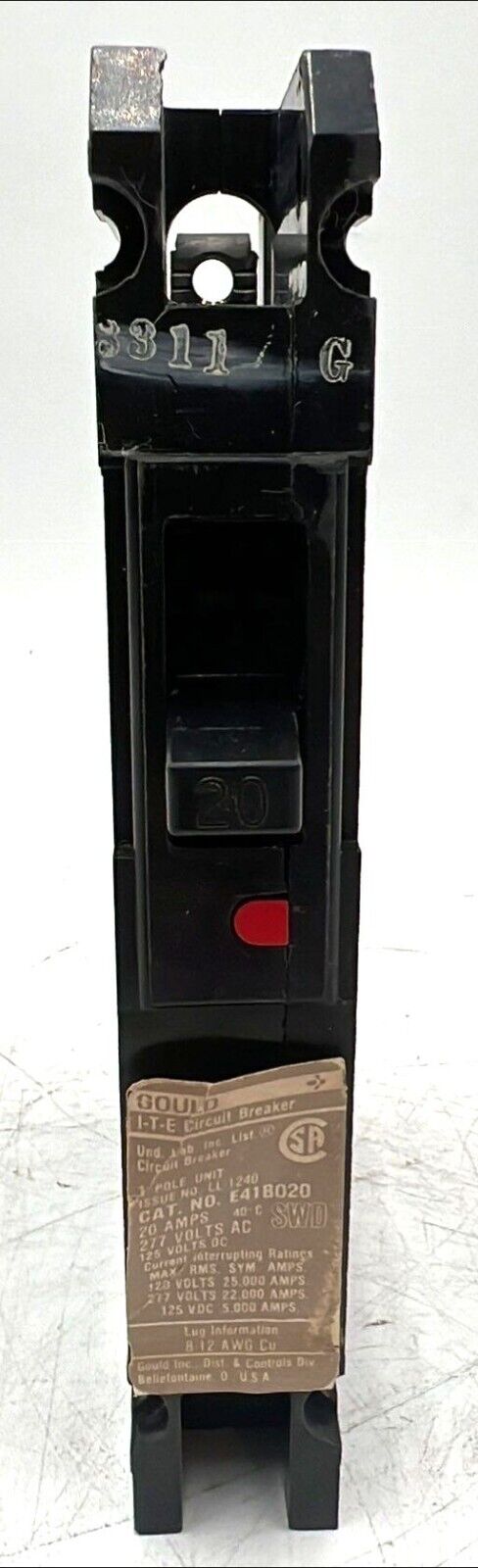 20 Amps, Siemens #E41B020, Circuit Breaker, 1-Pole, 277 Volts, Bolt-On