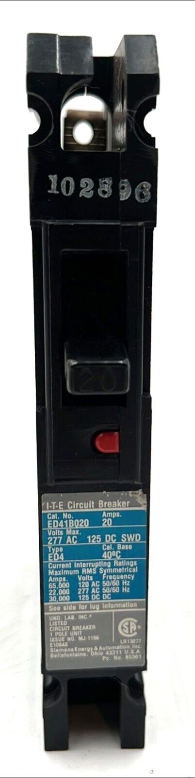 20 Amps, Siemens #ED41B020, Circuit Breaker, 1-Pole, 277 Volts, Bolt-On