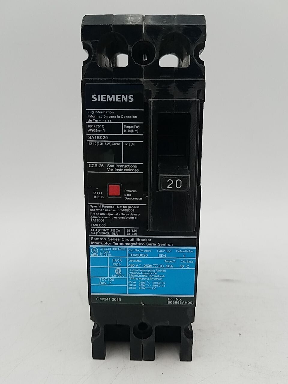 20 Amps, Siemens #ED42B020, Circuit Breaker, 2-Pole, 480/277 Volts, Bolt-On