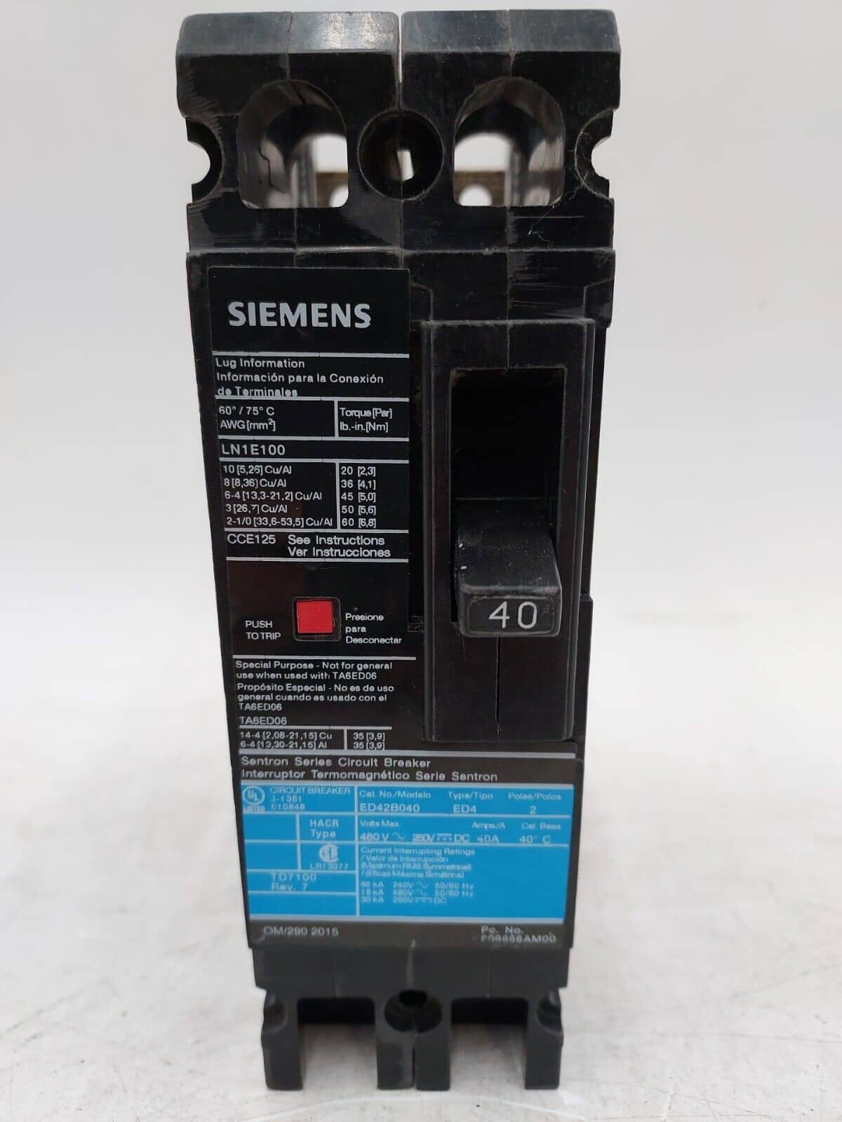 40 Amps, Siemens #ED42B040, Circuit Breaker, 2-Pole, 480 Volts, Bolt-On, NEW
