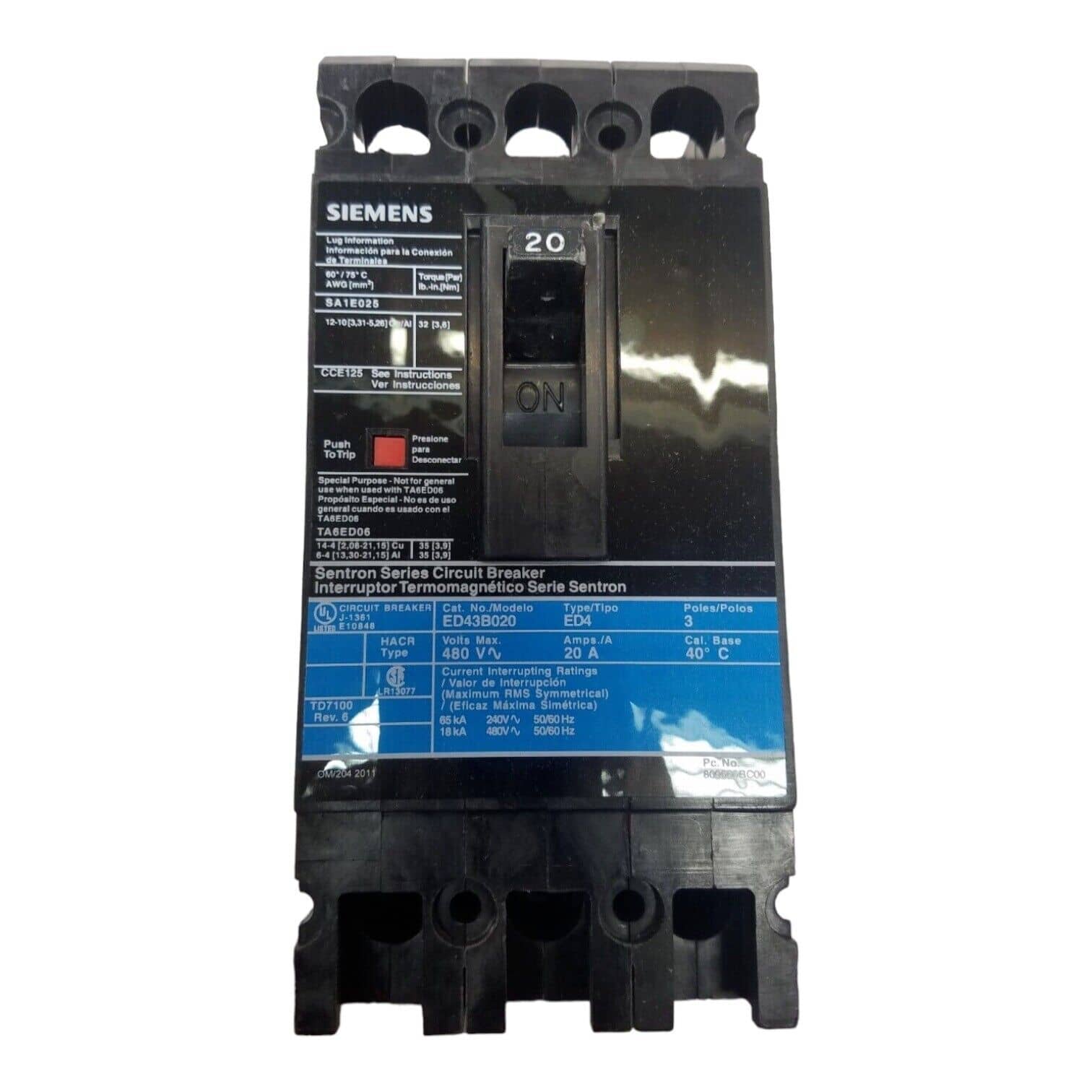 20 Amps, Siemens #ED43B020, Circuit Breaker, 3-Pole, 480/277 Volts, NEW