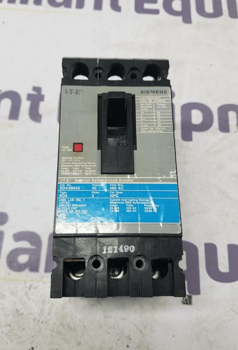 40 Amps, Siemens #ED43B040, Circuit Breaker, 3-Pole, 480 Volts, 14kA, Bolt-On