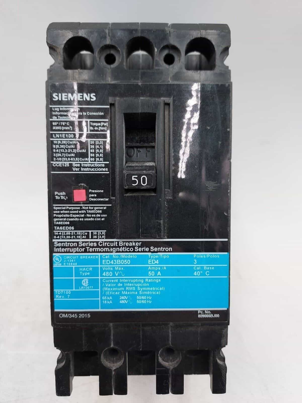 50 Amps, Siemens #ED43B050, Circuit Breaker, 3-Pole, 480 Volts, 14kA, Bolt-On