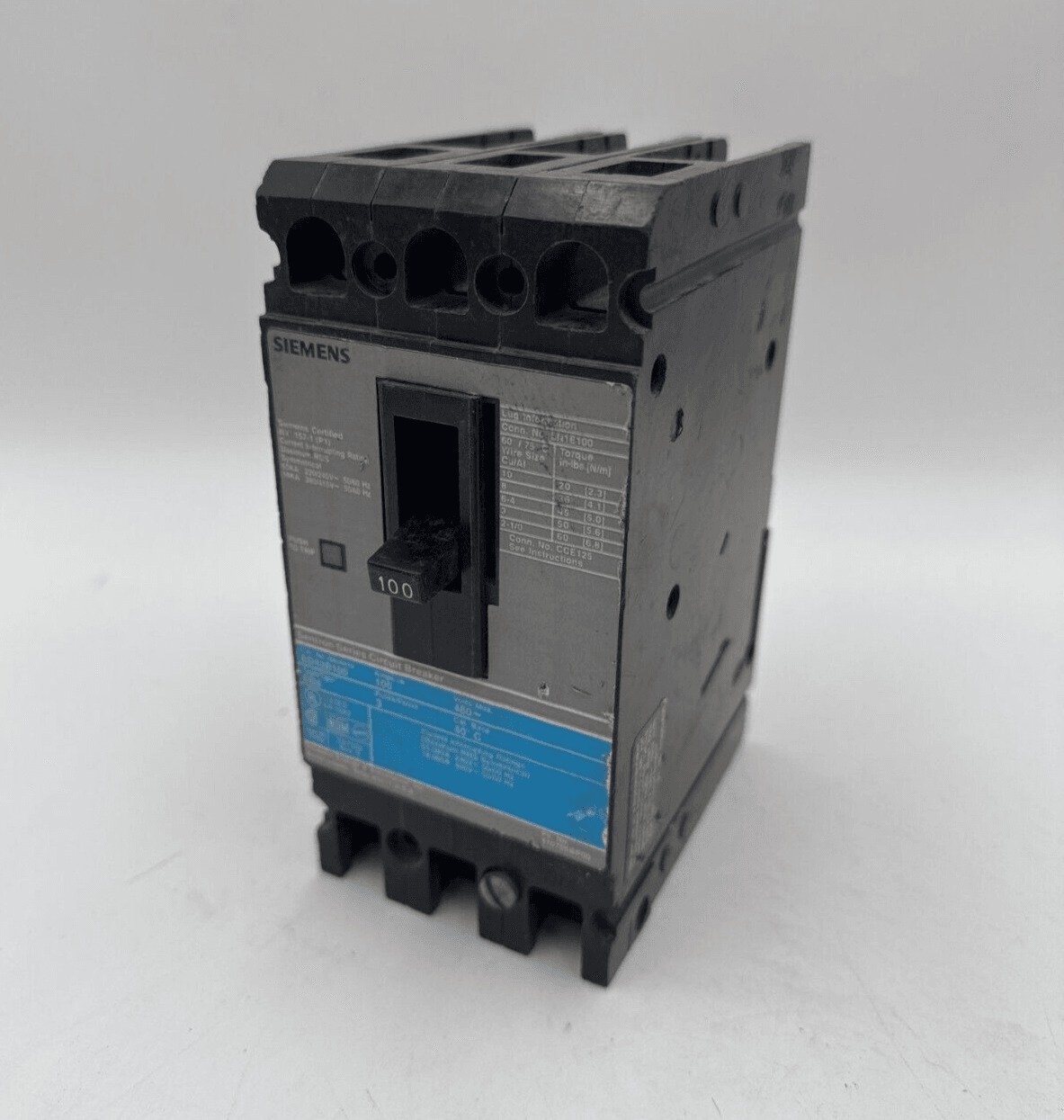 100 Amps, Siemens #ED43B100, Circuit Breaker, 3-Pole, 480 Volts, Bolt-On