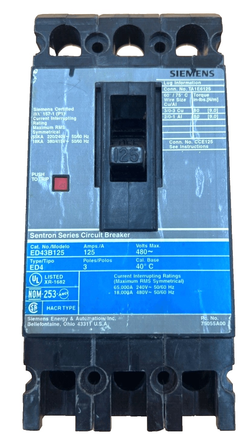 125 Amps, Siemens #ED43B125, Circuit Breaker, 3-Pole, 480 Volts, Bolt-On