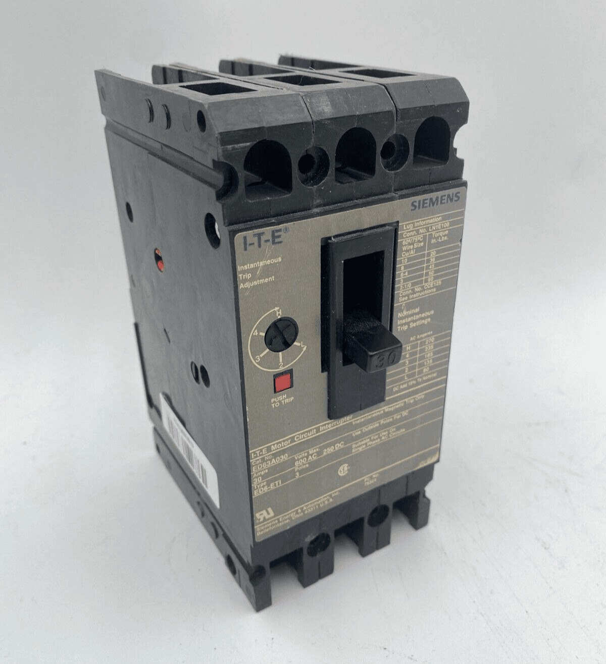 30 Amps, Siemens #ED63A030, Circuit Breaker, 3-Pole, 600 Volts, Bolt-On