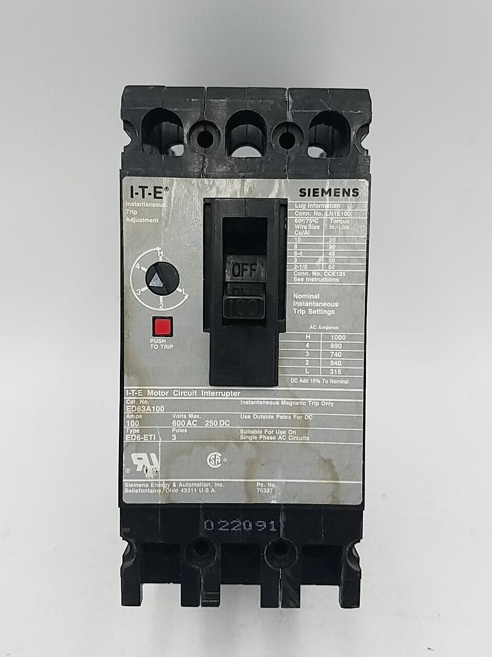 100 Amps, Siemens #ED63A100, Circuit Breaker, 3-Pole, 600 Volts, Bolt-On