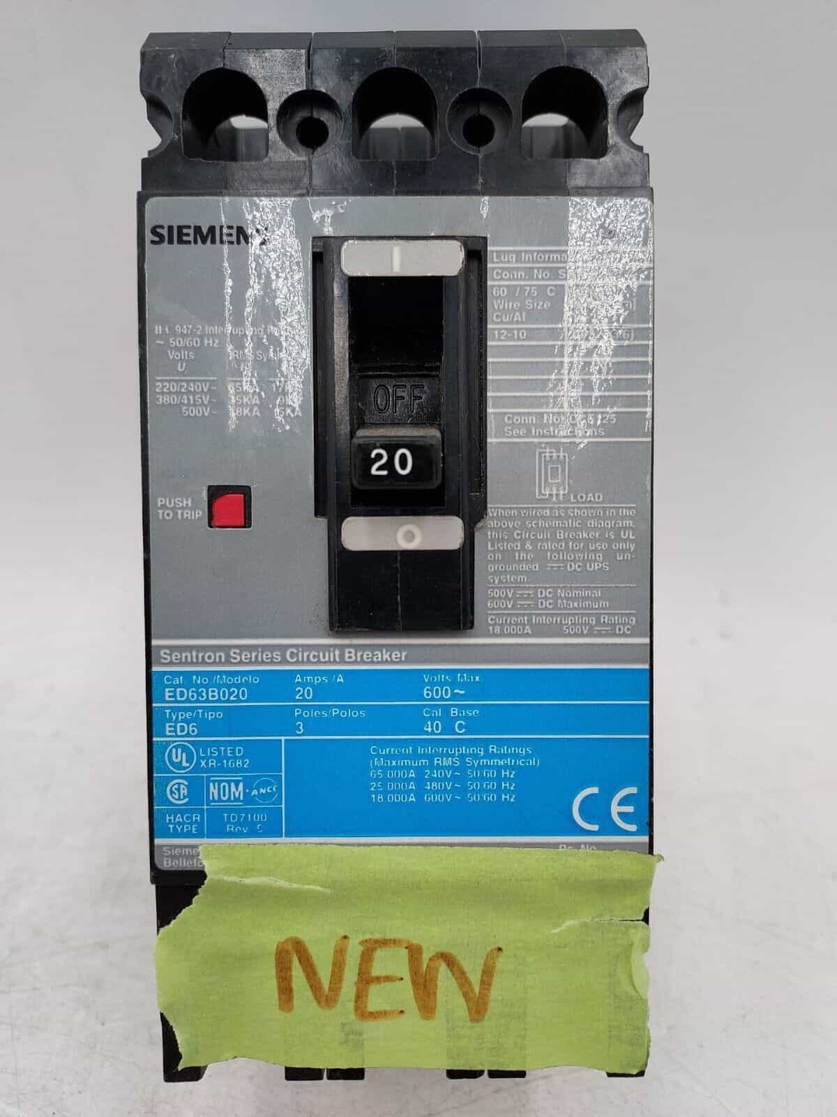 20 Amps, Siemens #ED63B020, Circuit Breaker, 3-Pole, 600 Volts, Bolt-On, NEW