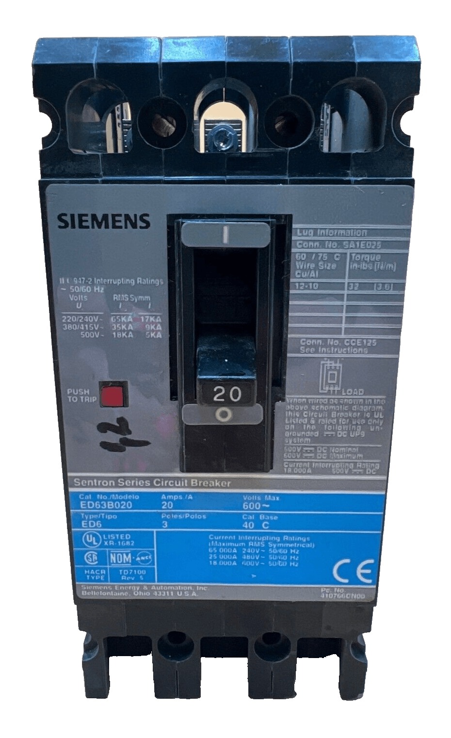 20 Amps, Siemens #ED63B020, Circuit Breaker, 3-Pole, 600 Volts, Bolt-On