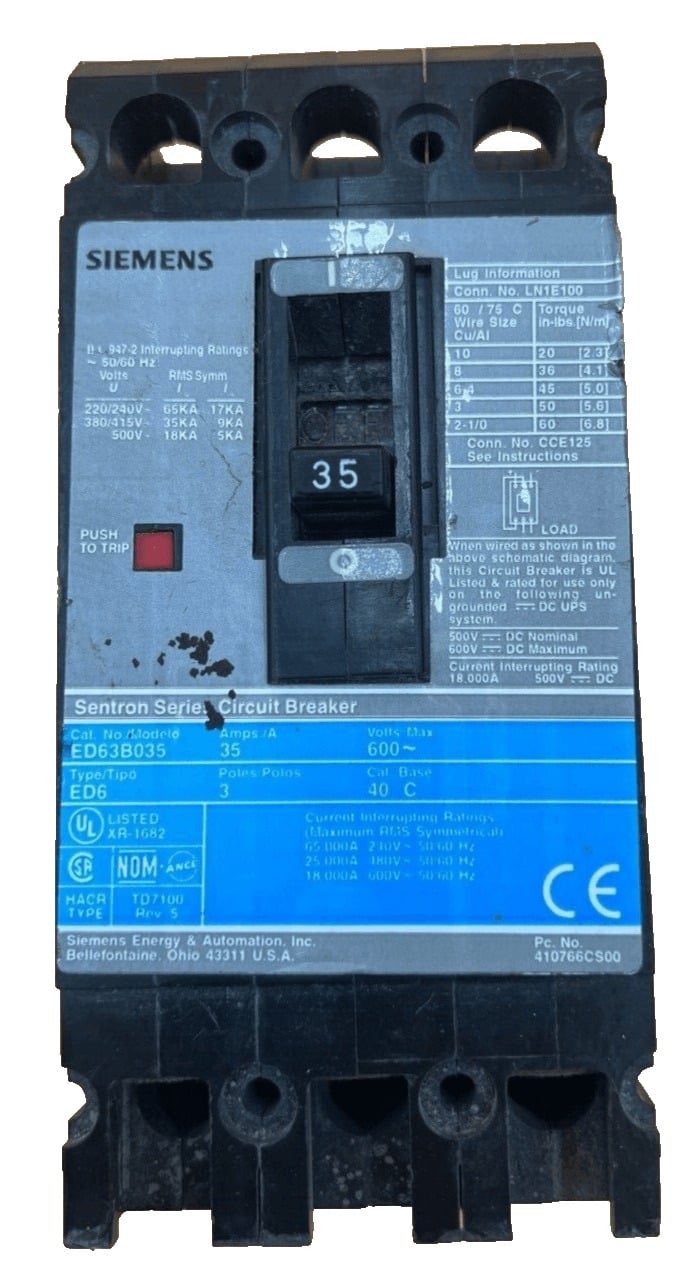 35 Amps, Siemens #ED63B035, Circuit Breaker, 3-Pole, 600 Volts, 10kA, Bolt-On