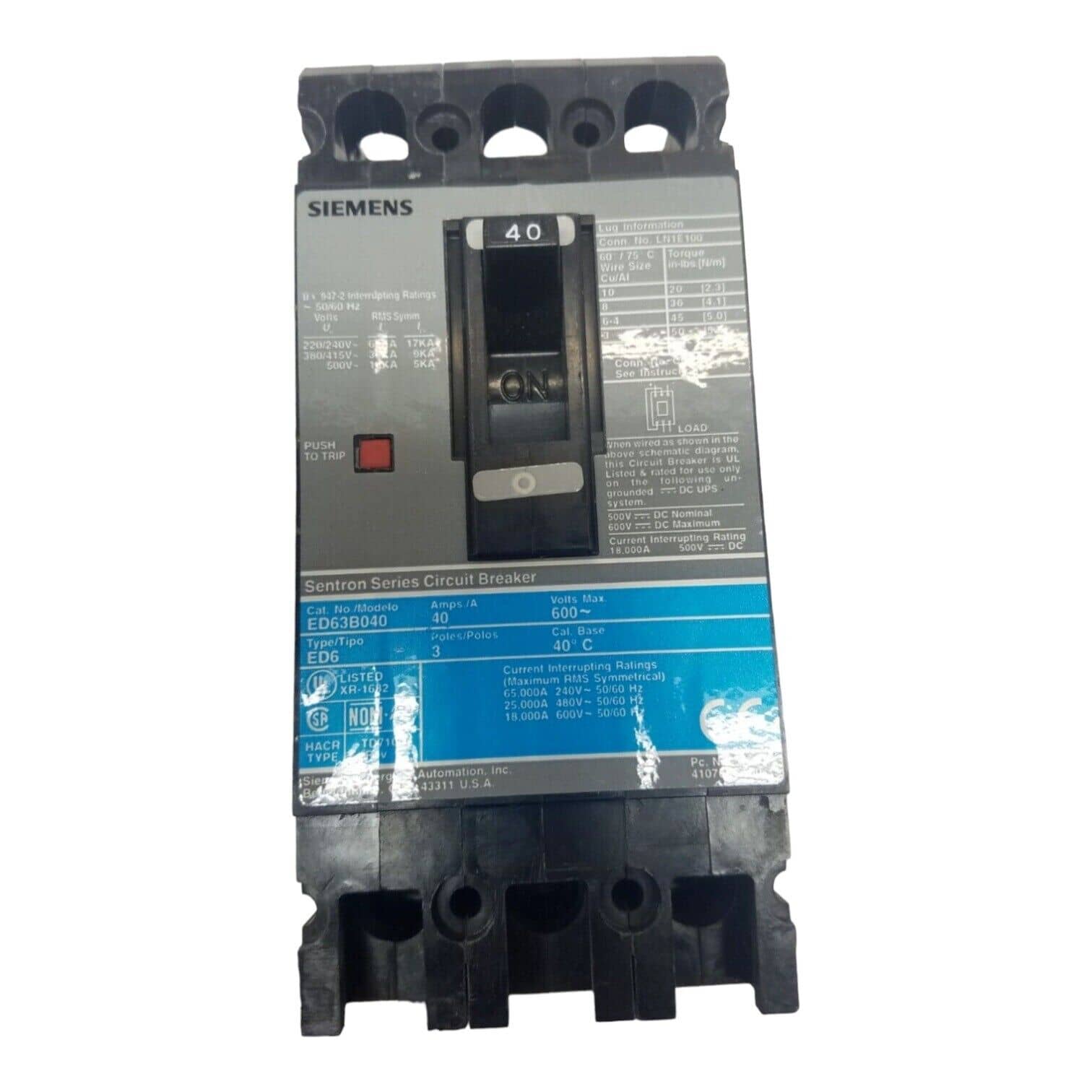 40 Amps, Siemens #ED63B040, Circuit Breaker, 3-Pole, 600 Volts, NEW