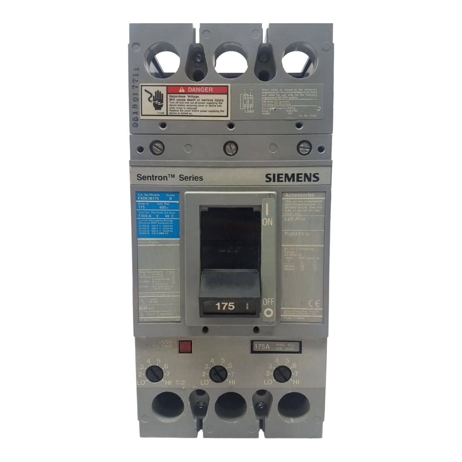175 Amps, Siemens #FXD63B175, Circuit Breaker, 3-Pole, 600 Volts, Bolt-On