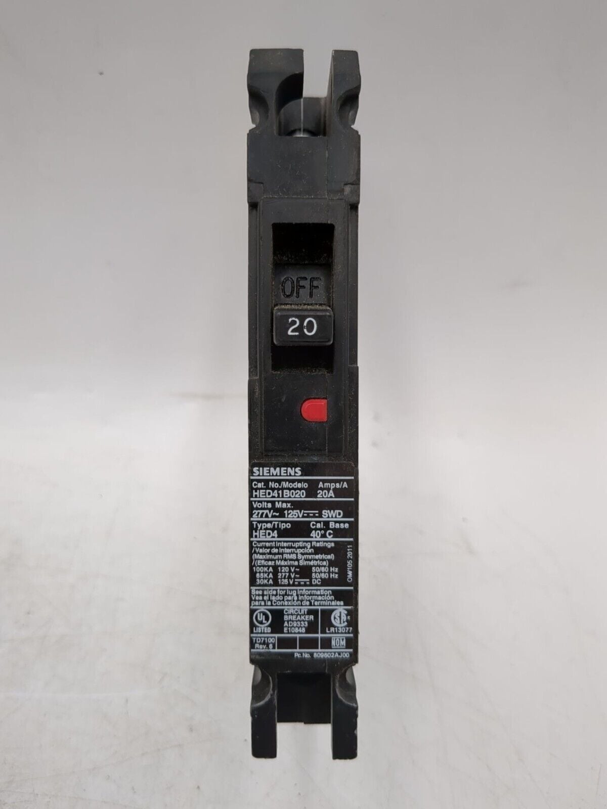 20 Amps, Siemens #HED41B020, Circuit Breaker, 1-Pole, 277 Volts, Bolt-On