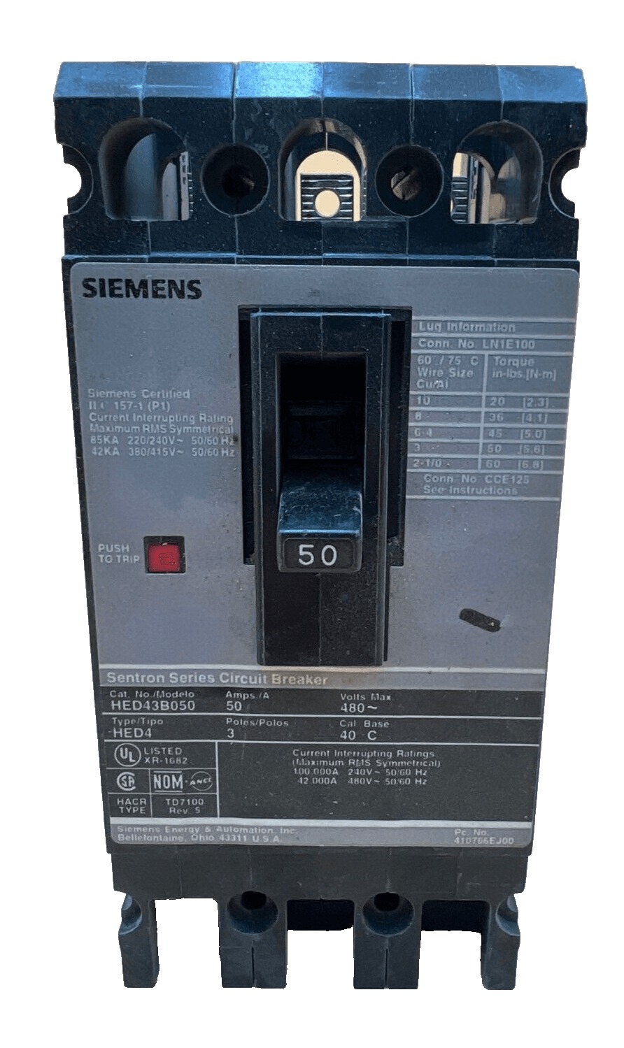 50 Amps, Siemens #HED43B050, Circuit Breaker, 3-Pole, 480 Volts