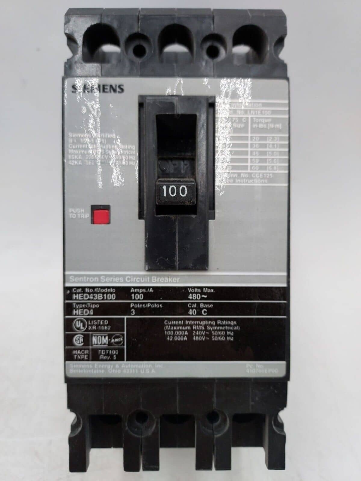 100 Amps, Siemens #HED43B100, Circuit Breaker, 3-Pole, 480 Volts, Bolt-On