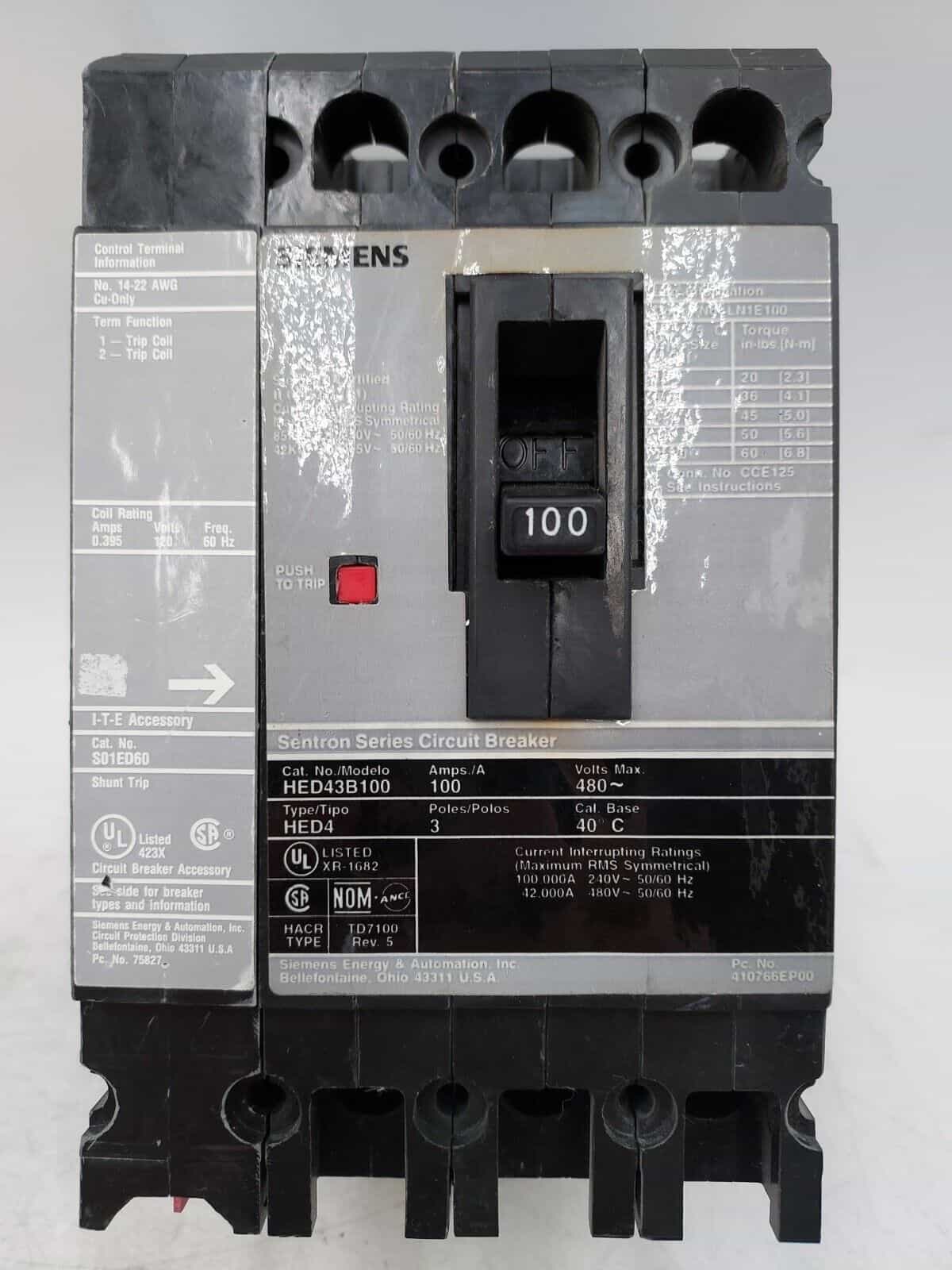 100 Amps, Siemens #HED43B100-S01ED60, Circuit Breaker, 3-Pole, 480 Volts