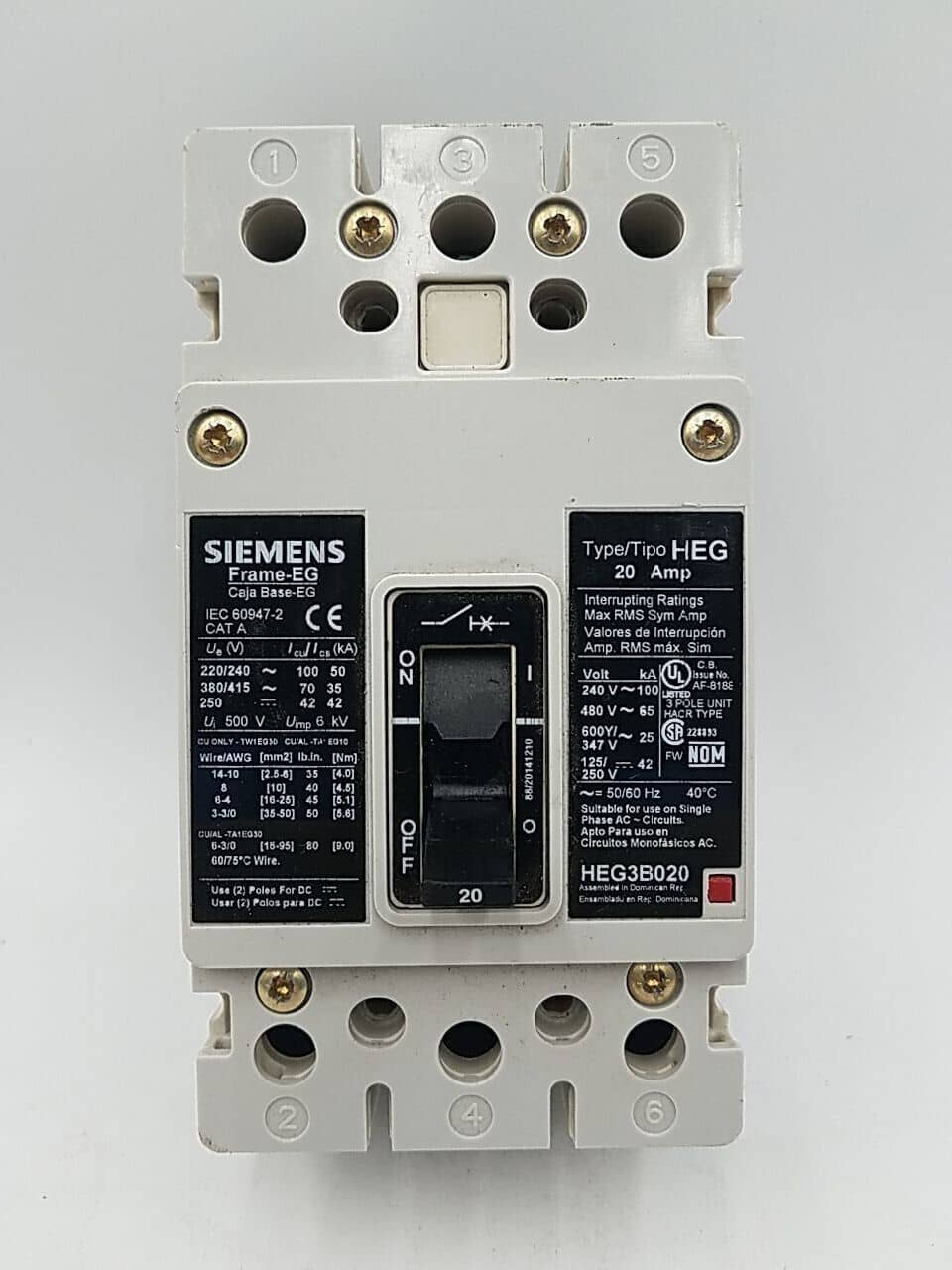 20 Amps, Siemens #HEG3B020, Circuit Breaker, 3-Pole, 500 Volts, Bolt-On