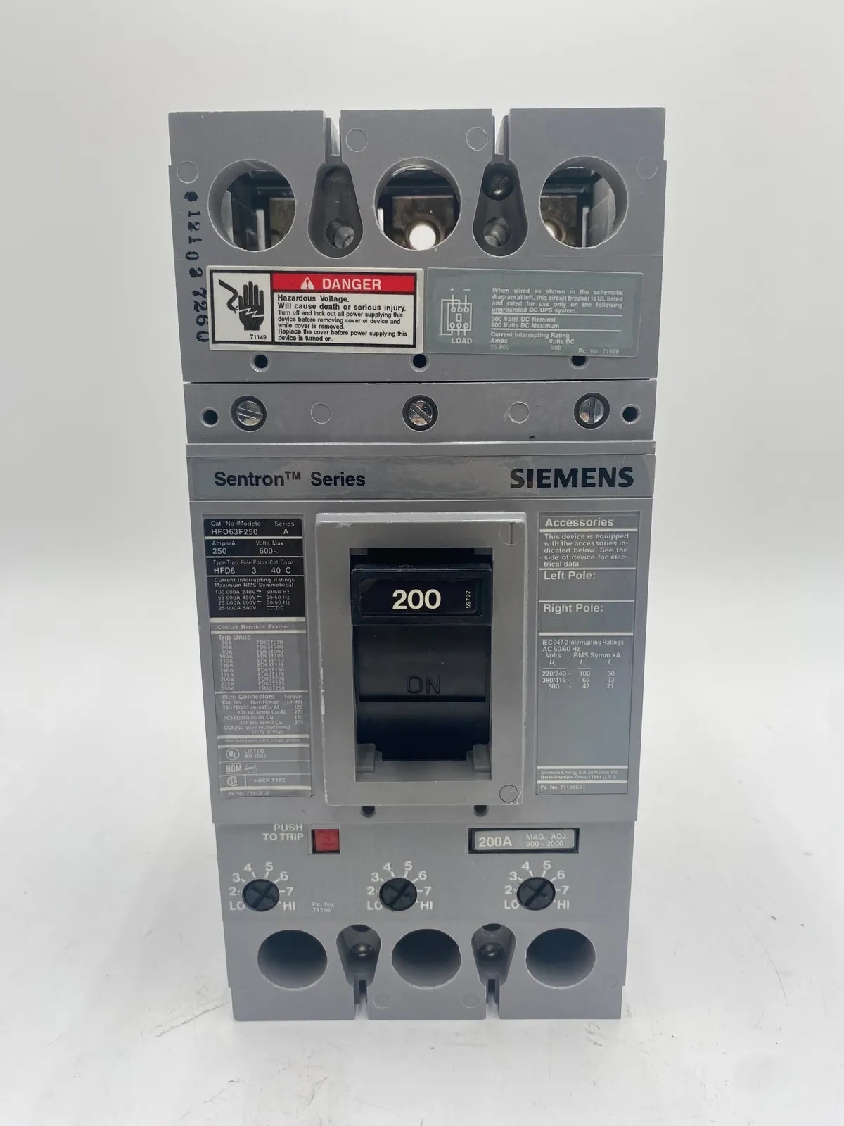 200 Amps, Siemens #HFD63F250, Circuit Breaker, 3-Pole, 600 Volts