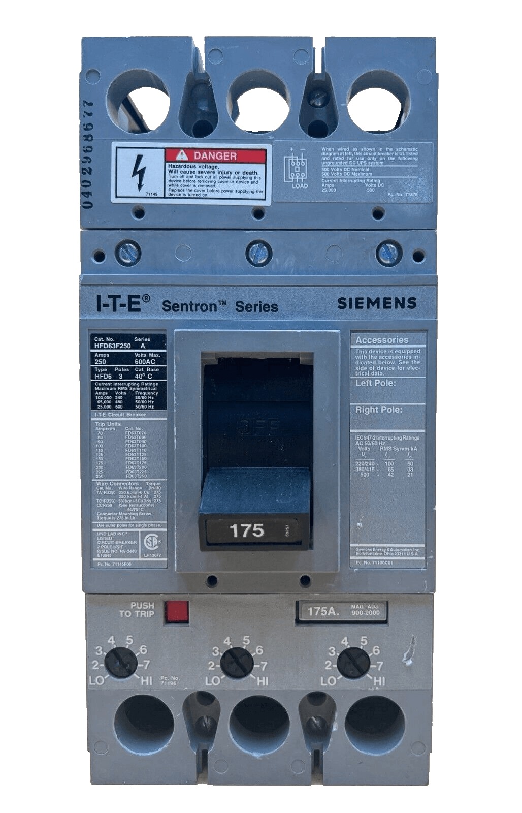 175 Amps, Siemens #HFD63F250, Circuit Breaker, 3-Pole, 600 Volts, Bolt-On