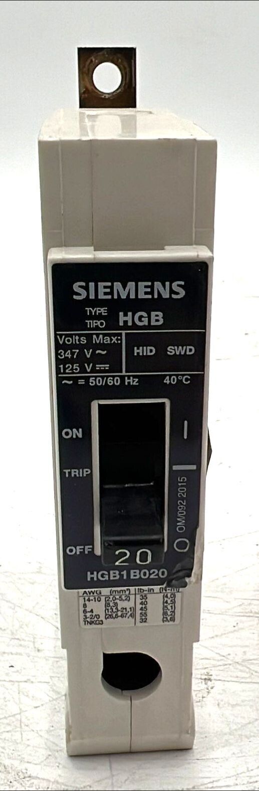 20 Amps, Siemens #HGB1B020, Circuit Breaker, 1-Pole, 347 Volts, Bolt-On