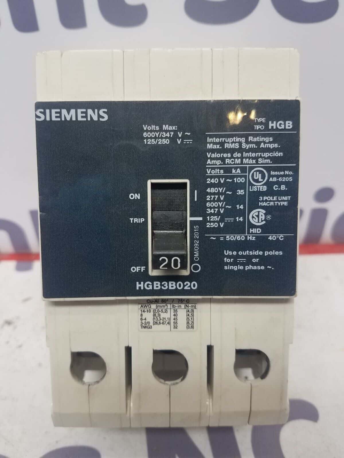20 Amps, Siemens #HGB3B020, Circuit Breaker, 3-Pole, 600/347 Volts, Bolt-On
