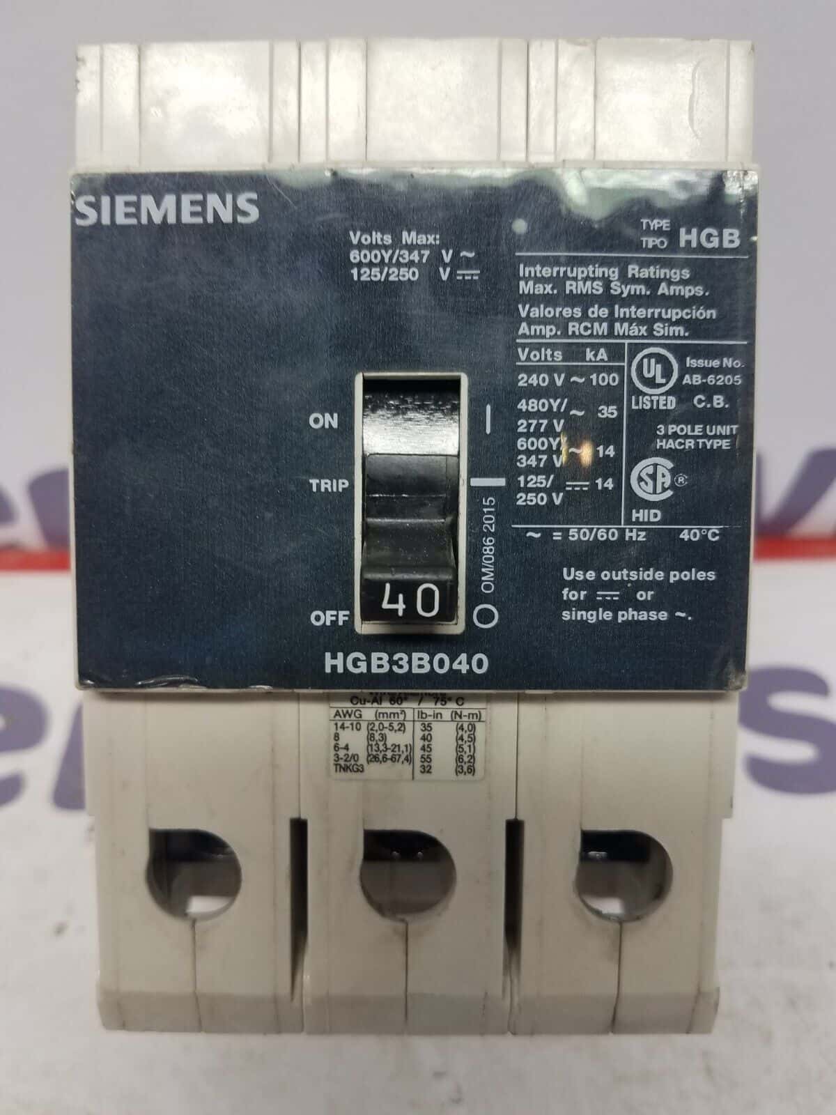 40 Amps, Siemens #HGB3B040, Circuit Breaker, 3-Pole, 600 Volts, Bolt-On
