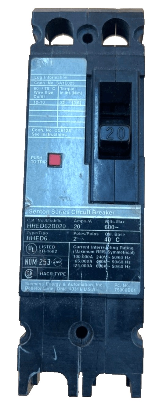20 Amps, Siemens #HHED62B020, Circuit Breaker, 2-Pole, 600 Volts, Bolt-On