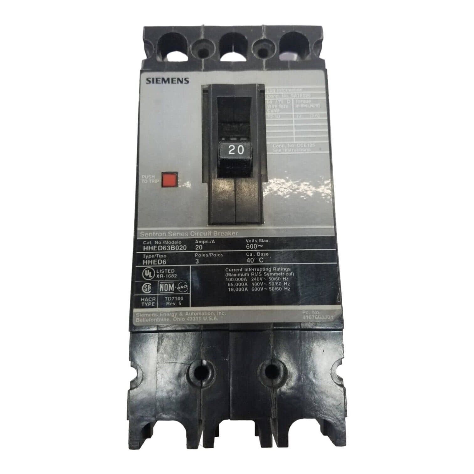 20 Amps, Siemens #HHED63B020, Circuit Breaker, 3-Pole, 600 Volts, NEW