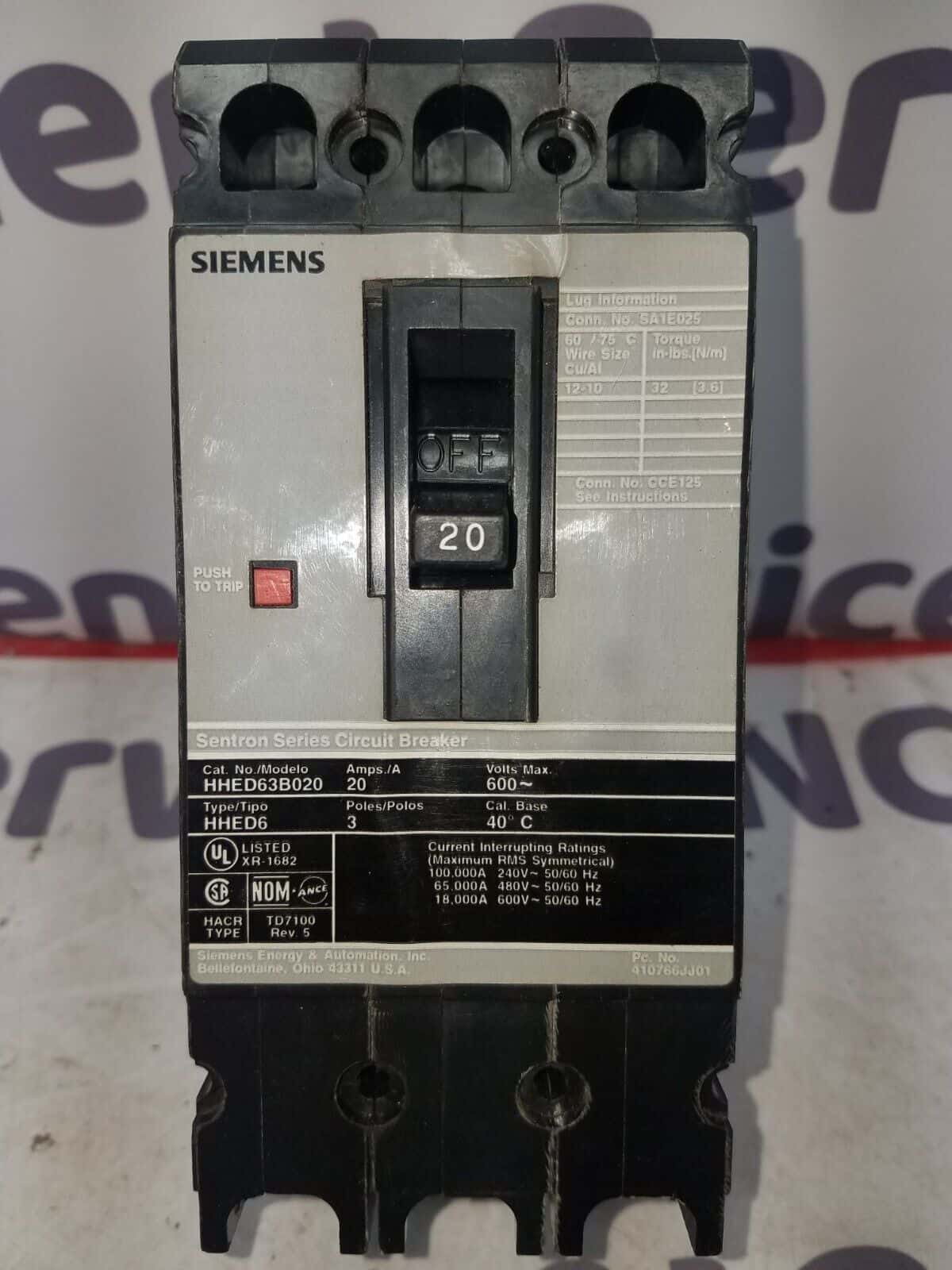 20 Amps, Siemens #HHED63B020, Circuit Breaker, 3-Pole, 600 Volts, Bolt-On