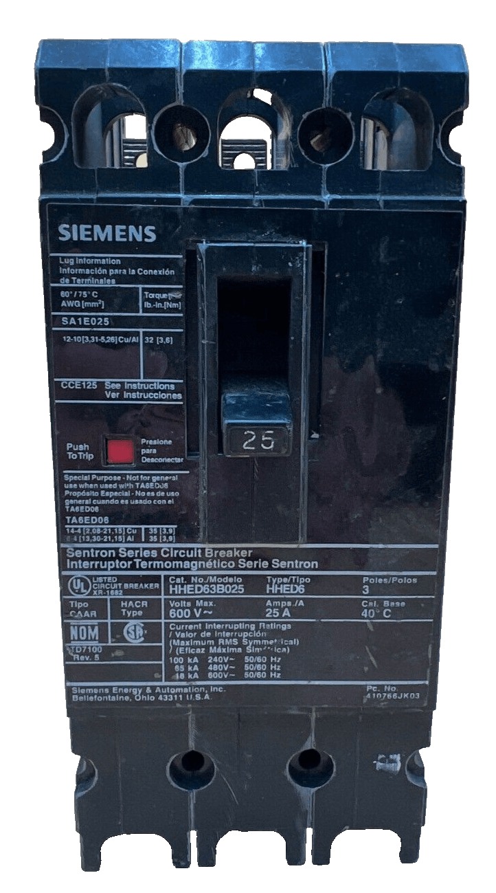 25 Amps, Siemens #HHED63B025, Circuit Breaker, 3-Pole, 600 Volts, Bolt-On