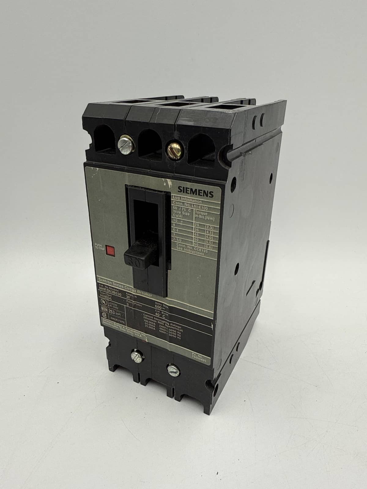 30 Amps, Siemens #HHED63B030, Circuit Breaker, 3-Pole, 600 Volts, Bolt-On (2 available)