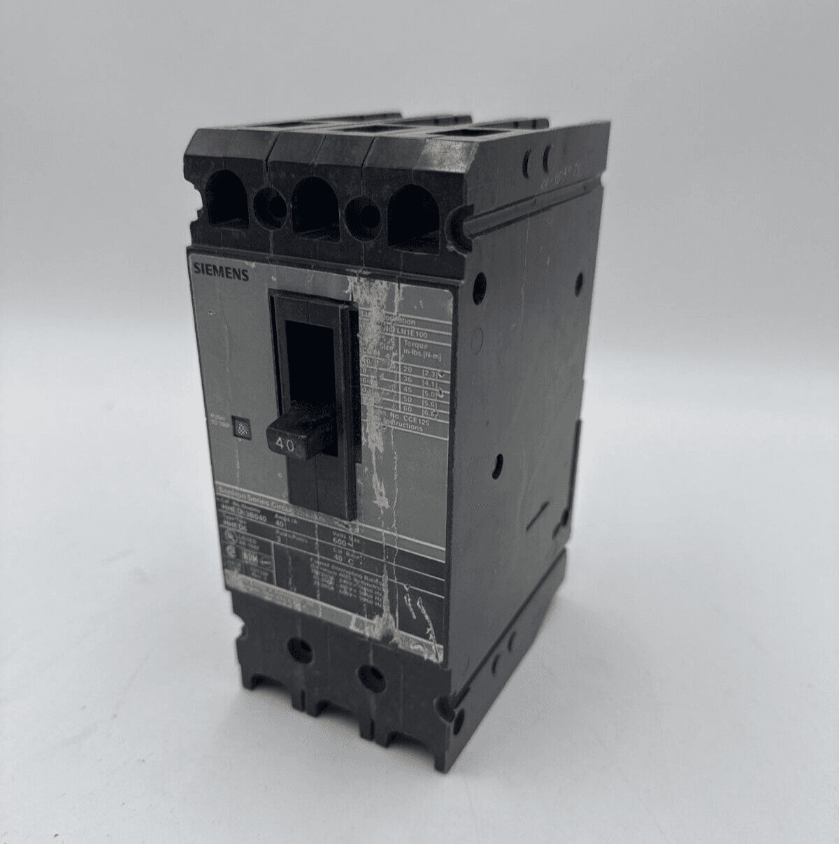 40 Amps, Siemens #HHED63B040, Circuit Breaker, 3-Pole, 600 Volts, Bolt-On (2 available)