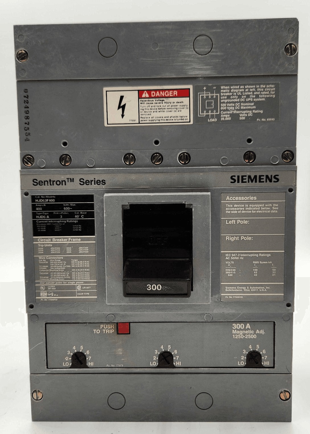 300 Amps, Siemens #HJD63F400, Circuit Breaker, 3-Pole, 600 Volts