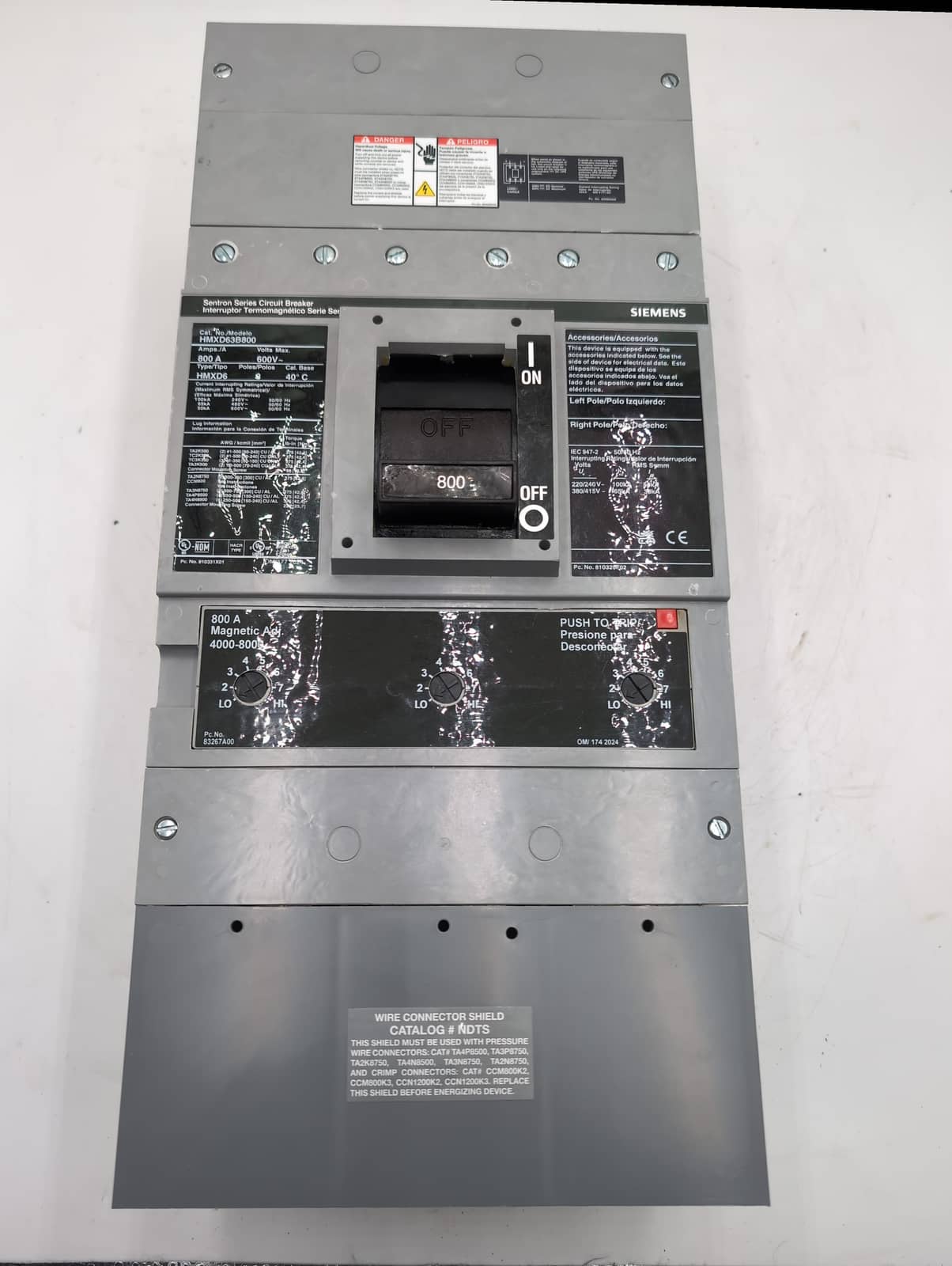 800 Amps, Siemens #HMXD63B800, Sentron Circuit Breaker, 3-Pole, 600 Volts, 65kA